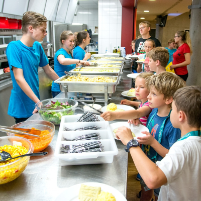 Mitarbeiter und Kinder bei der Essensausgabe